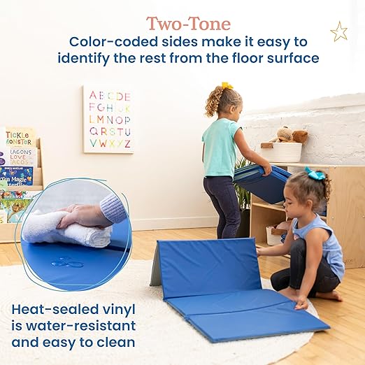 ECR4Kids Everyday Folding Rest Mat, 4-Section, 5/8in, Sleeping Pad, Blue/Grey, 5-Pack