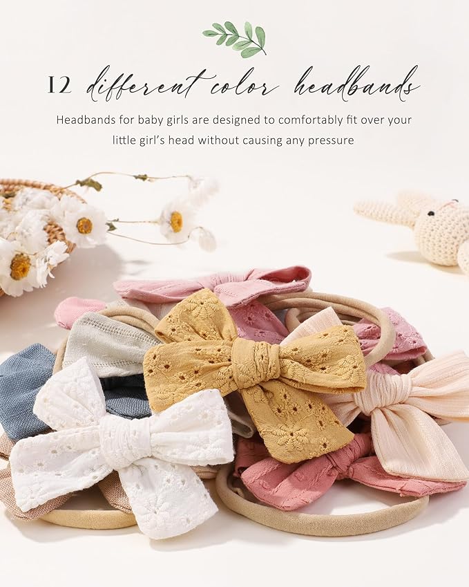 jollybows 12pcs Baby Girls Hair Bows Nylon Elastic Headband Hair Accessories for Infants Toddlers Newborn