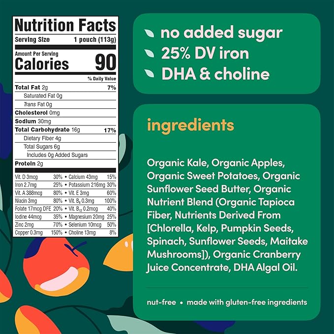 Cerebelly Organic Baby Food Pouches, Kale Sweet Potato Apple Purees, 16 Nutrients, No Added Sugar, Fiber & Non-GMO, 4oz, 12 Pack