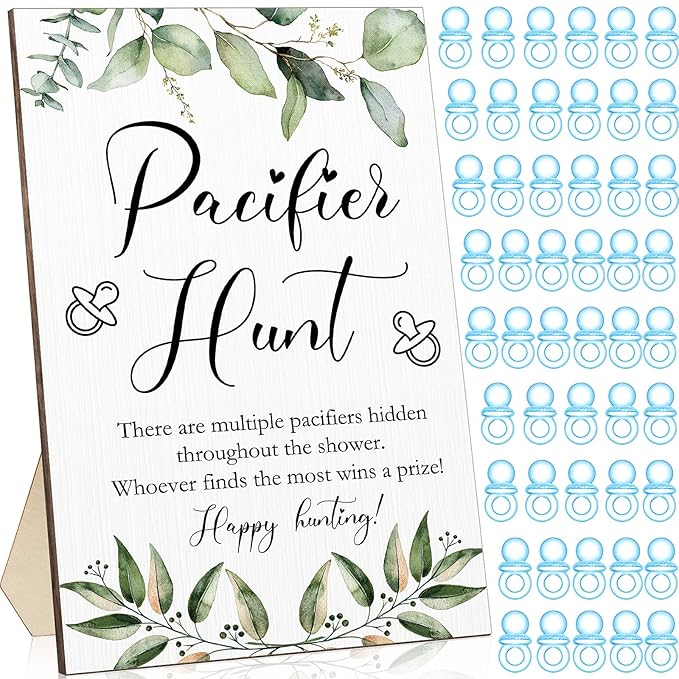 Roowest 51 Pcs Pacifier Hunt Baby Shower Games Include Wooden Hunt Sign and 50 Acrylic Mini Plastic Pacifiers for Baby Shower Game Decoration Gift Sets Gender Reveal Party Supplies