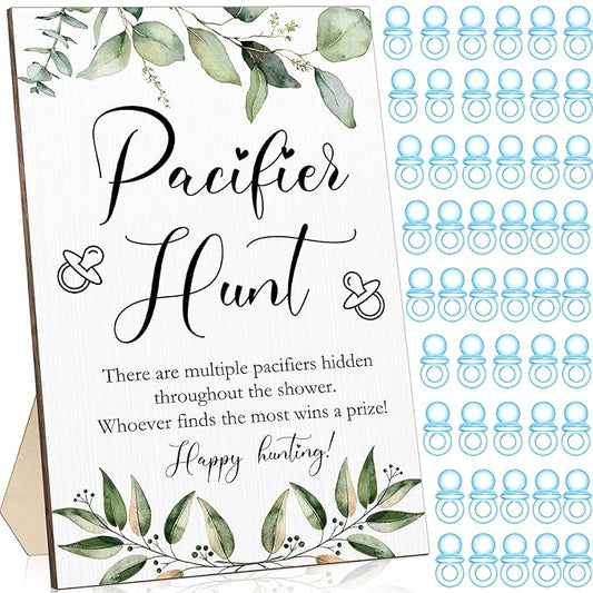 Roowest 51 Pcs Pacifier Hunt Baby Shower Games Include Wooden Hunt Sign and 50 Acrylic Mini Plastic Pacifiers for Baby Shower Game Decoration Gift Sets Gender Reveal Party Supplies