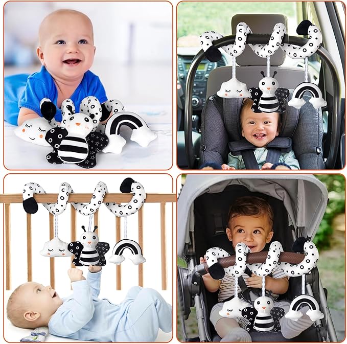 SAMMAS Car Seat Toys, Infant Baby Spiral Activity Hanging Toys Stroller Toys for Car Seat Stroller Bar Crib Bassinet Mobile with BB Squeaker and Rattles (Bee)