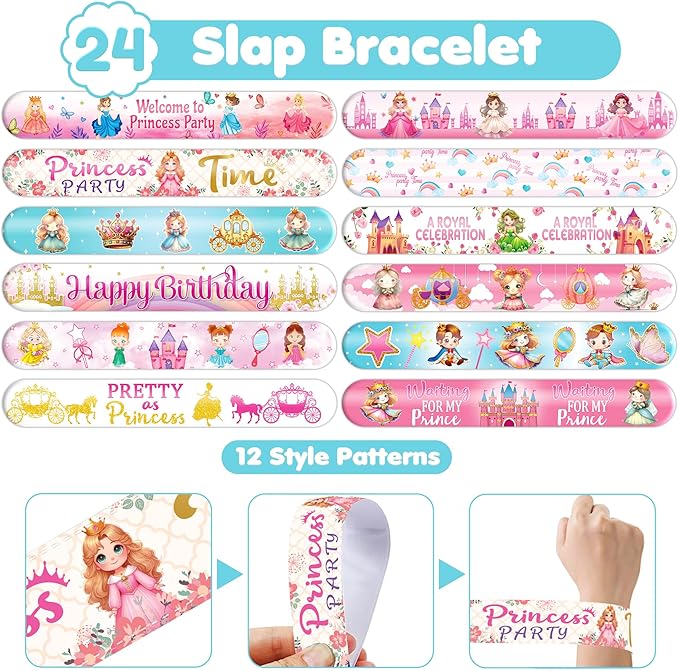 72PCS Little Princess Party Set - 48PCS Temporary Tattoos & 24PCS Slap Bracelets - Cute Birthday Supplies, Baby Shower Gifts, Classroom Rewards & Princess-Themed Decor for Girls