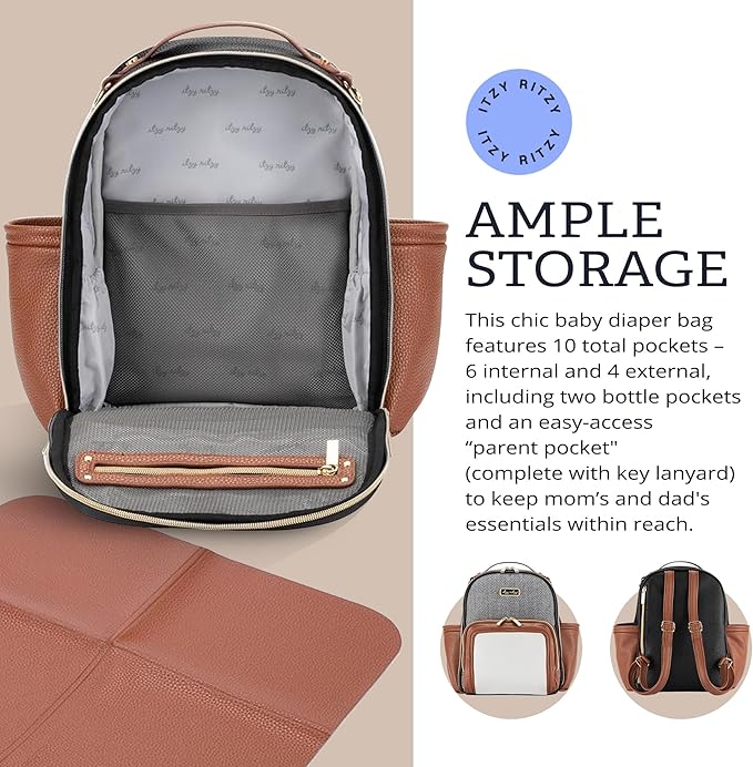 Itzy Ritzy Mini Diaper Bag Backpack – Chic, Compact Mini Plus Backpack with Changing Pad, 10 Pockets (6 Internal, 4 External), Grab-Top Handle & Rubber Feet (Coffee & Cream)