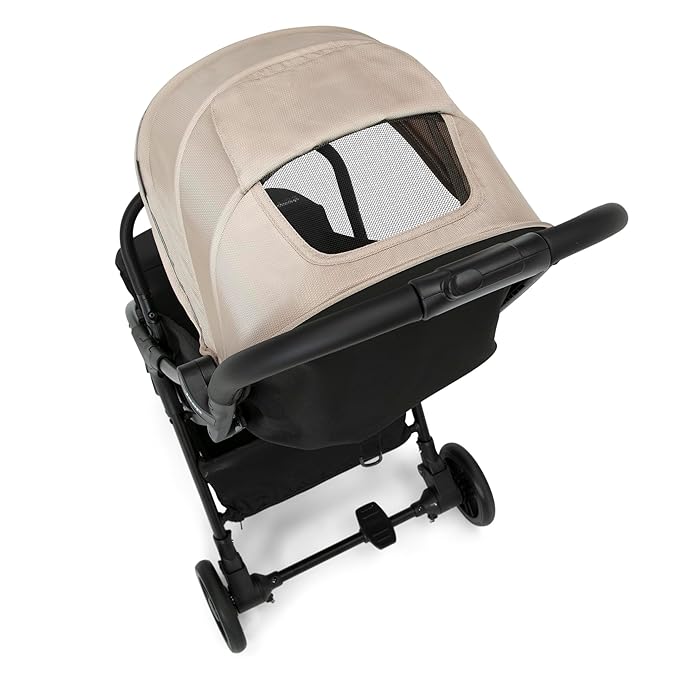 Jeep Altitude Compact Travel Stroller by Delta Children Greenguard Gold, Easy One Hand Fold, Lightweight, Extendable Canopy with Peek-a-Boo Window, Reclining Seat, 4 Wheel Suspension, Tan