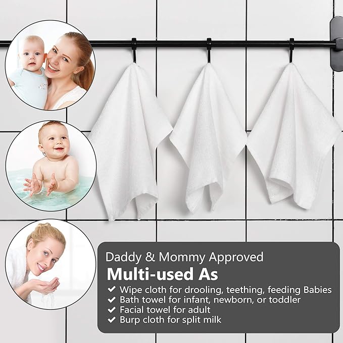 6 Pack Baby Washcloths Bulk for Newborn, Extra Soft Face Bath Towel for Infant Toddler, Absorbent Kids Wash Rag for Body Hand, 70% Rayon Derived from Bamboo, 30% Terry Cotton, 10”x10”, White