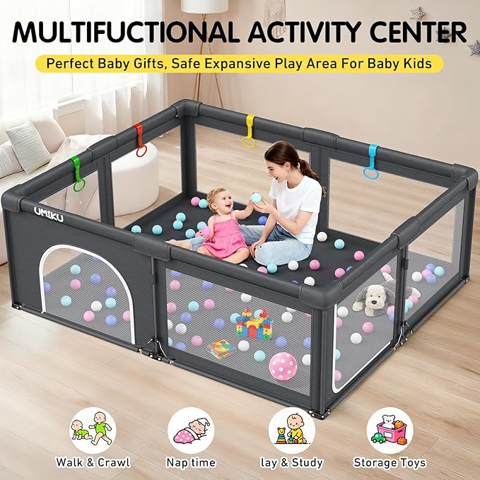Baby Playpen Foldable Playpen for Babies and Toddlers, Extra Large Playpens Portable Play Pen with 2 Doors Activity Center for Kids Indoor Outdoor Pack and Play Baby Shower Gifts, 71"X59" Dark Grey