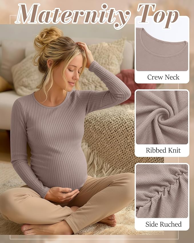 Huukeay 4 Pack Women's Maternity Shirts, Long Sleeve Cotton Ribbed Pregnancy Tops Side Ruched Crew Neck Casual Mama Clothes