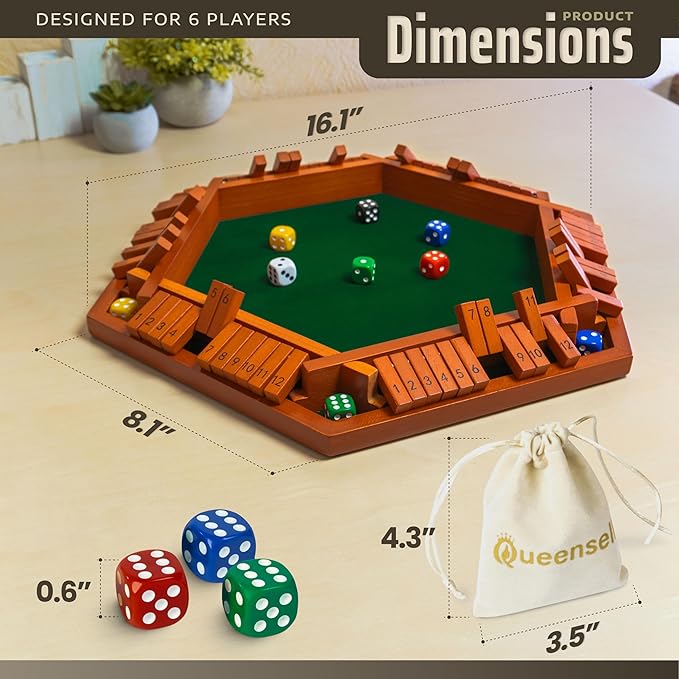 Shut The Box Game Wooden Board for 1-6 Players - 16-inch Shut The Box Game 12 Numbers for Adults & Kids - Ideal for Games Night