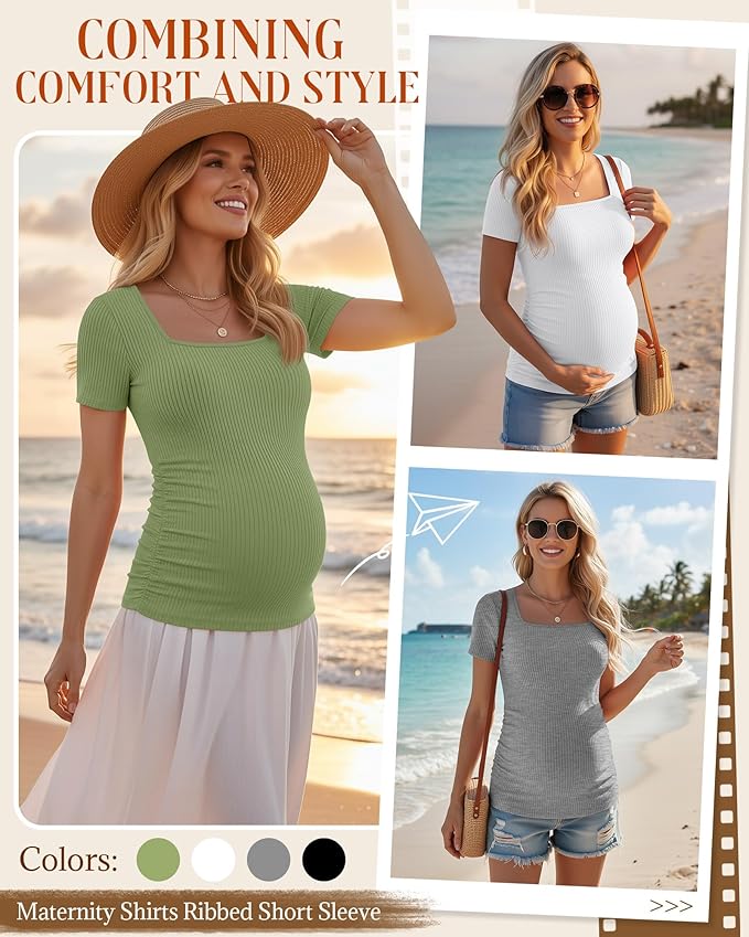 Huukeay 4 Pack Women's Maternity Shirts Cotton Ribbed Short Sleeve Square Neck Pregnancy Tops Side Ruched Summer Tee