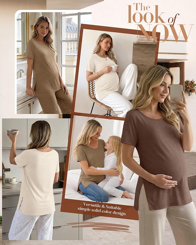 3 Pack Women's Maternity Shirts Short Sleeve Round Neck Side Split Pregnancy Tops Loose Summer Casual Mama Clothes