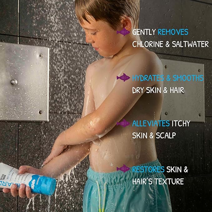 TRIHARD Kids Chlorine Removal Kit, Shampoo, Face and Body Wash Set for Children’s Hair and Skin, Gentle Post-Swim Cleanser for Pool & Ocean