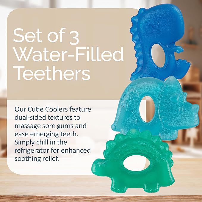 Itzy Ritzy Water-Filled Teethers - Cold Cutie Coolers Textured On Both Sides to Massage Sore Gums & Emerging Teeth - Can Be Chilled in Refrigerator, Set of 3 Coordinating Dinosaur Water Teethers