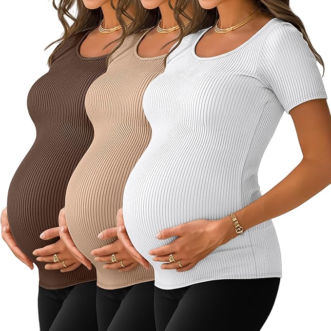 Neer 3 Pack Women's Ribbed Maternity Tops Pregnancy Round Neck Shirts Short Sleeve Soft Maternity Clothes for Mama