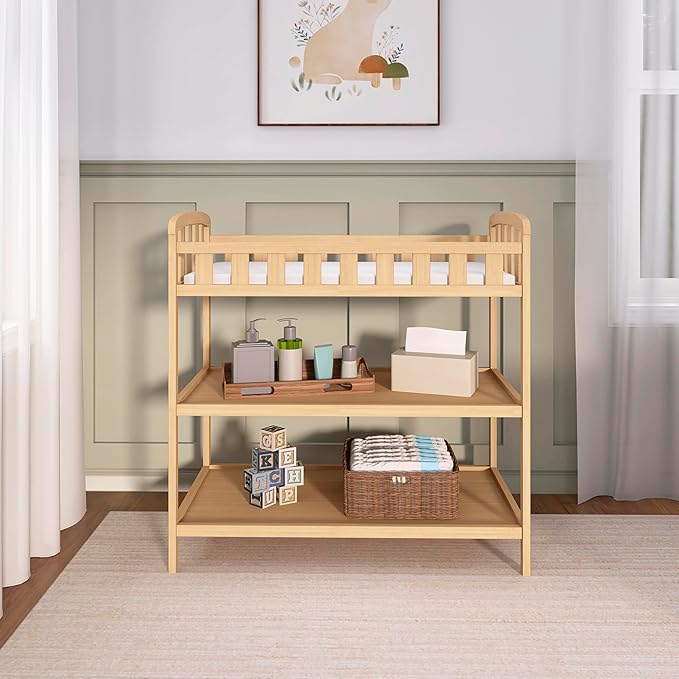 Dream On Me Emily Changing Table, Compact and Lightweight, Solid New Zealand Pinewood, Elevated Safety Rails, Two Storage Shelves, Includes Water-Resistant 1" Changing Pad — Natural