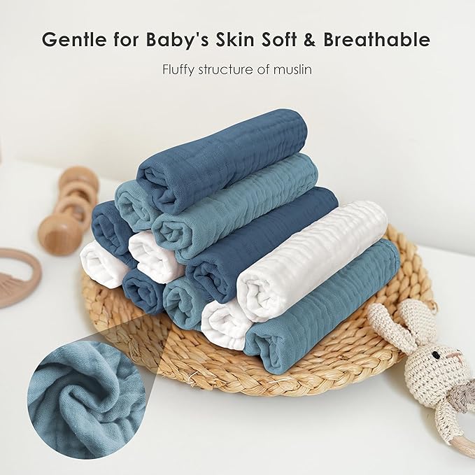 Sunny zzzZZ Baby Muslin Washcloths -100% Cotton Muslin Soft Baby Bath Wash Cloths and Absorbent Burp Cloths for Newborns Kids Girls and Boys -12 Pack, 12x12 Inches - White+Light Navy Series