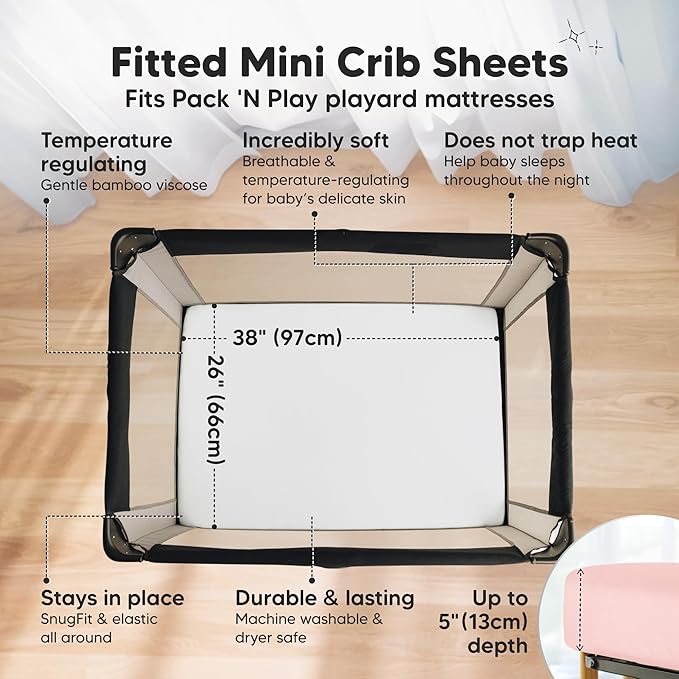 Pack and Play Sheets Fitted - 2-Pack Mini Crib Sheets for Pack N Play Mattress 38x26, Soft & Cozy, Neutral Toddler Playard Bedding, Snug Fitted Mini Baby Crib Mattress Cover Boy, Girl (Rose)