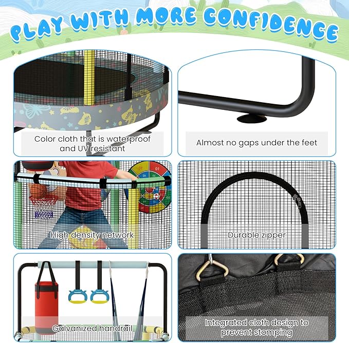 LAMERGE 55" 7-in-1 Round Trampoline for Kids Boys & Girls Ages 1-8, Indoor & Outdoor Trampoline for Fun, Adjustable Height Handrail ＆ Enclosed Safety Net ＆ Durable Designs for Toddlers Children