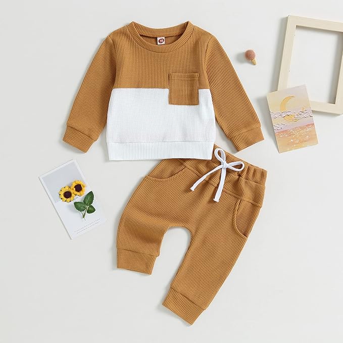 Toddler Baby Boy Fall Outfit Long Sleeve Crew Neck Contrast Color Sweatshirt Top Pant Cute Newborn Infant Waffle Clothes