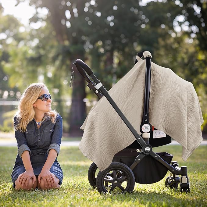 Metplus Muslin Car Seat Cover for Babies - Carseat Stroller Cover Infant Stroller Covers for Boys and Girls, Breathable & Lightweight, Fits Most Strollers & Baby Car Seats