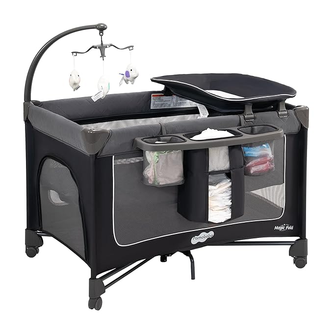 Pamo Babe Magic Fold Pack and Play with Bassinet 1 Step Set Foldable Playards Baby Playard with Changing Table Portable Playpen with Zip Door
