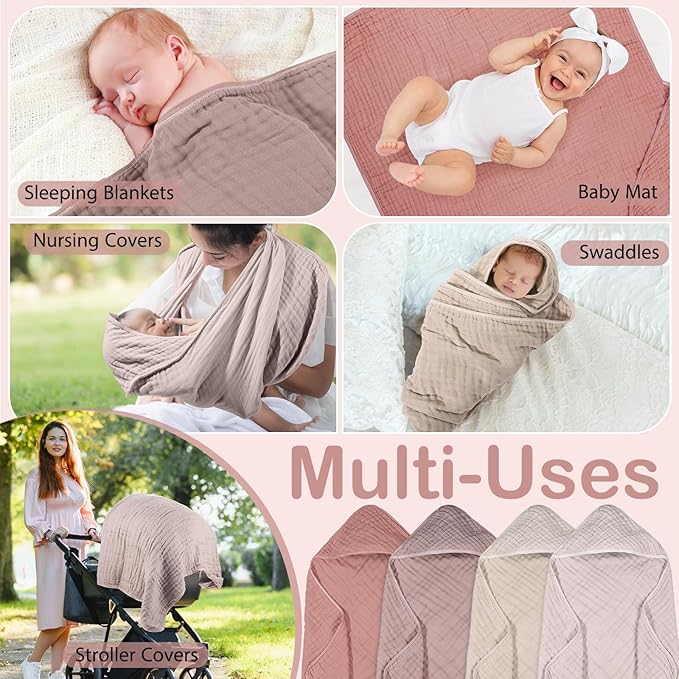 Peryiter 4 Pcs Muslin Hooded Baby Towels 32x32inch Cotton Newborn Bath Essentials Muslin Infant Blankets Absorbent Registry Baby Shower Present for Babies Girl Boy Kids (Beige Series)