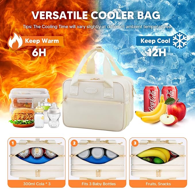PIIOSER Breastmilk Cooler Travel Bag with Ice Pack, Compatible with Wearable Breast Pumps & Accessories - Portable Hands Free Breast Pump Carrying Case for Nursing & Working Moms, Cream