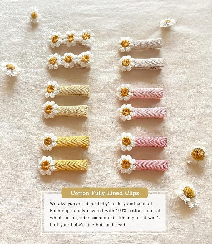 Cherssy 2" Daisy Flowers Hair Clips for Girls, 12 Pcs Cotton Fully Lined Alligator Clips, Non Slip Floral Baby Barrettes Hair Pins for Infant Toddler Kid School Girls' Gift