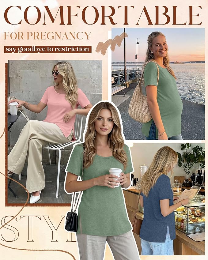 3 Pack Women's Maternity Shirts Short Sleeve Round Neck Side Split Pregnancy Tops Loose Summer Casual Mama Clothes