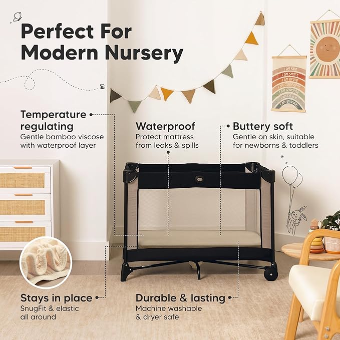 2-Pack Waterproof Pack and Play Sheets, Mini Crib Sheets Fitted for Boy, Girl - 38 x 26 Viscose from Bamboo Pack N Play Mattress Sheets for Graco, Toddler Playard Baby Crib Sheets Neutral (Macadamia)