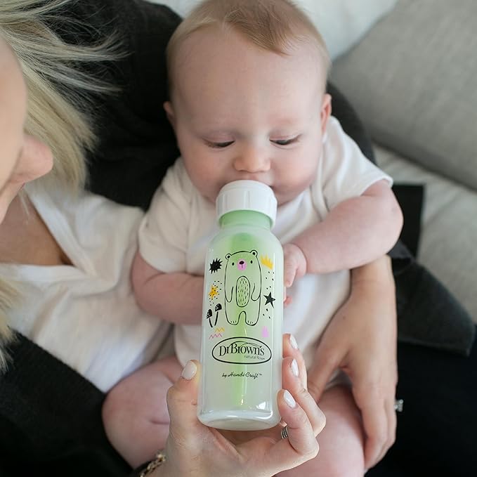 Dr. Brown's Natural Flow Anti-Colic Options+ Narrow Baby Bottle, Bear and Owl, 8 oz/250 mL, with Level 1 Slow Flow Nipple, BPA Free, 0m+, 2-Pack