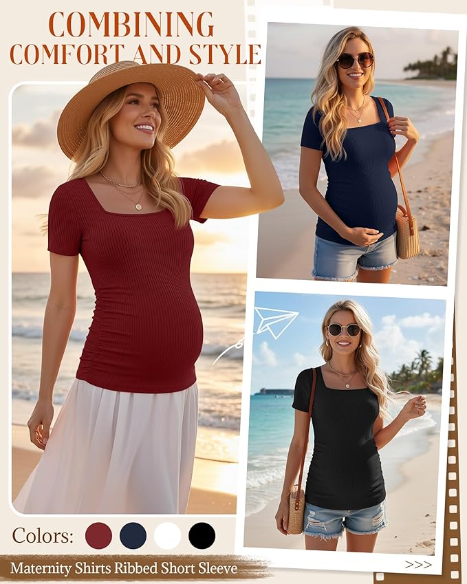 Huukeay 4 Pack Women's Maternity Shirts Cotton Ribbed Short Sleeve Square Neck Pregnancy Tops Side Ruched Summer Tee