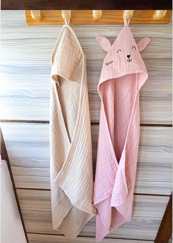 Chungie Soft Muslin Hooded Baby Towels 32x32 inches – 100% Cotton, 6-Layer Breathable Newborn Bath Towels with Hood, Pack of 2 (Printed + Embroidered)