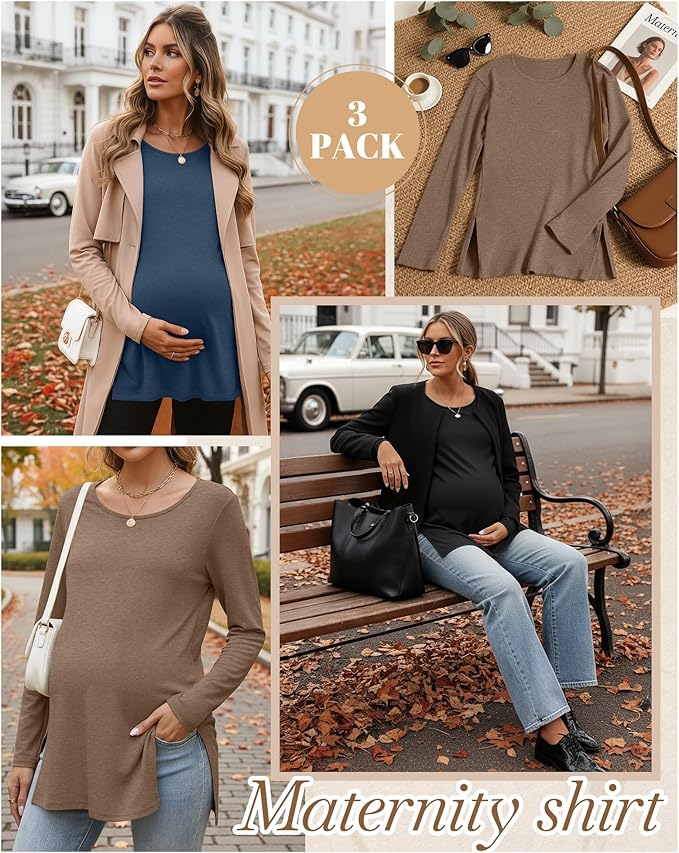 Riyiper 3 Pack Women's Maternity Long Sleeve T-Shirts Round Neck Side Split Tops Loose Casual Pregnancy Mama Clothes Fall