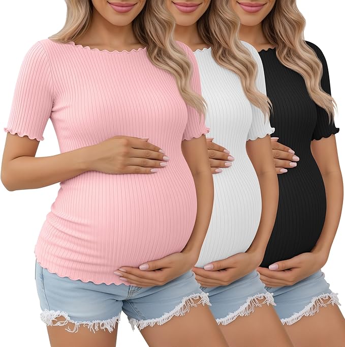 3 Pack Women's Maternity Ribbed Shirts Cotton Short Sleeve Pregnancy Tops Boat Neck Lettuce Trim Mama Clothes