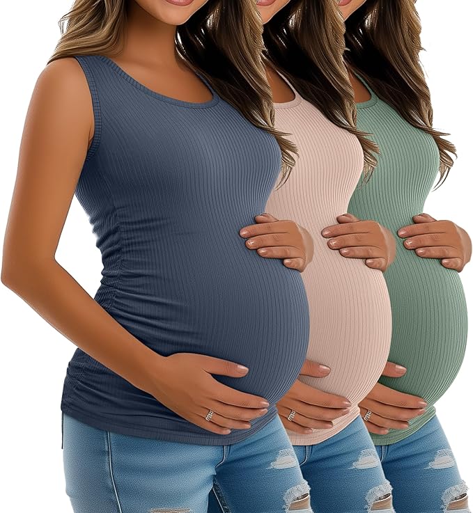 Riyiper 3 Pack Women's Maternity Tank Tops, Sleeveless Cotton Pregnancy Shirts Ribbed Knit Sides Ruched Basic Mama Clothes