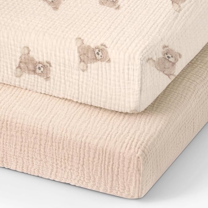 100% Organic Cotton Muslin Pack and Play Sheets Fitted 38”x26”, Mini Crib Sheets Compatible with Graco/hiccapop/YENING/Dream On Me/Babylicious Pack N Play Mattress, Playard Bedding Sheet Bed Cover