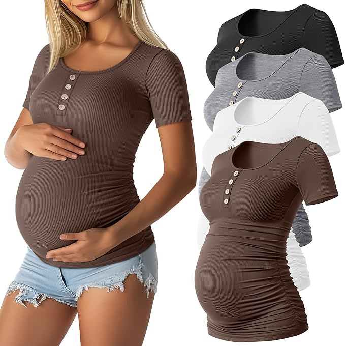 4 Pack Womens Maternity Shirts Scoop Neck Cotton Short Sleeve Ribbed Pregnancy Top Henley Side Ruched Mama Clothes