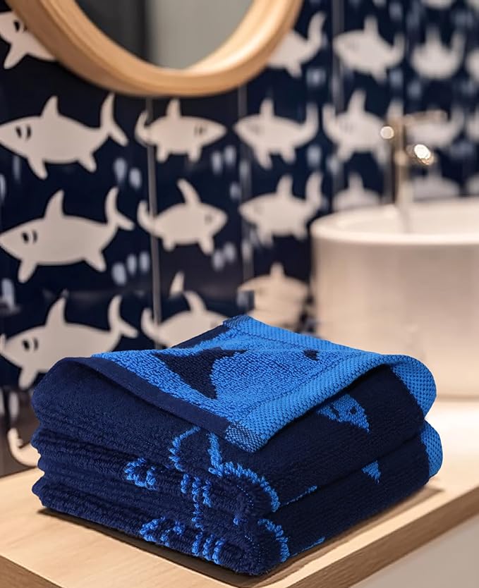 ORIGINAL KIDS Wash Cloth - Bath Time Shark Attack Set of 12 Washcloths - 100% Cotton Jacquard Super Soft Colorful Absorbent Quick Dry Easy Care Face Towel Face Cloth Gift - 12 x 12 - Navy Blue