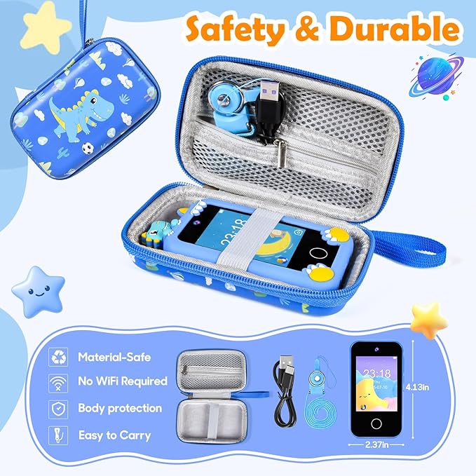 Kids Phone for Boys, Dinosaur Toy Phone Christmas Birthday Gifts for Boy Ages 3-10, Toddler Learning Phones with Touchscreen, 44 Game, Dual Camera, Music Player, 32GB Card & Dino Bag (Blue)