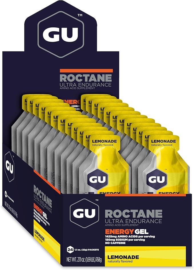 GU Energy Roctane Ultra Endurance Energy Gel, Vegan, Gluten-Free, Kosher, and Dairy-Free On-The-Go Sports Nutrition for Running, Biking, Hiking or Skiing, 24-Count, Lemonade