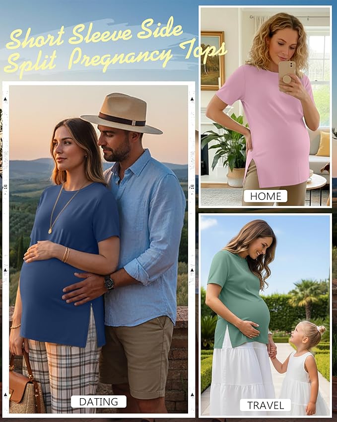 Ficerd 3 Pack Women's Maternity T Shirts, Short Sleeve Side Split Pregnancy Tops Casual Crew Neck Pregnant Tees Mama Clothes