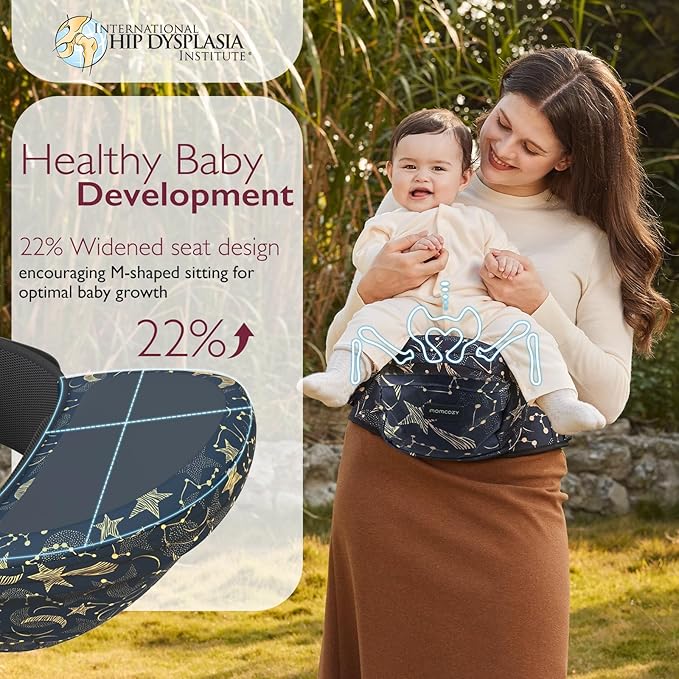 Momcozy Hip Seat Baby Carrier - Adjustable Waistband with Original 3D Belly Protector, Ergonomic Carrier with Various Pockets for Newborns & Toddlers up to 45lbs (Starry Sky, Large)