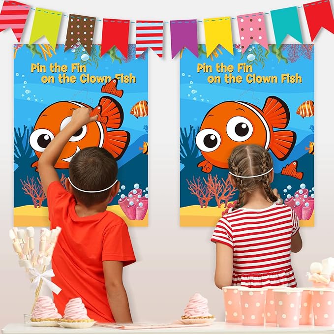 NEBURORA 2 Pack Pin The Fin on The Clownfish Party Game 2 Large 21"x 28" Posters with 48pcs Stickers Ocean-Themed Birthday Party Supplies Decorations for Kids Boys Classroom Game Wall Home Decor
