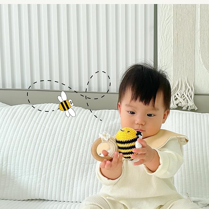 DICHA Crochet Bee Baby Rattle - Sensory Toy for Babies - Ideal for Baby Shower - Includes Beech Teething Ring