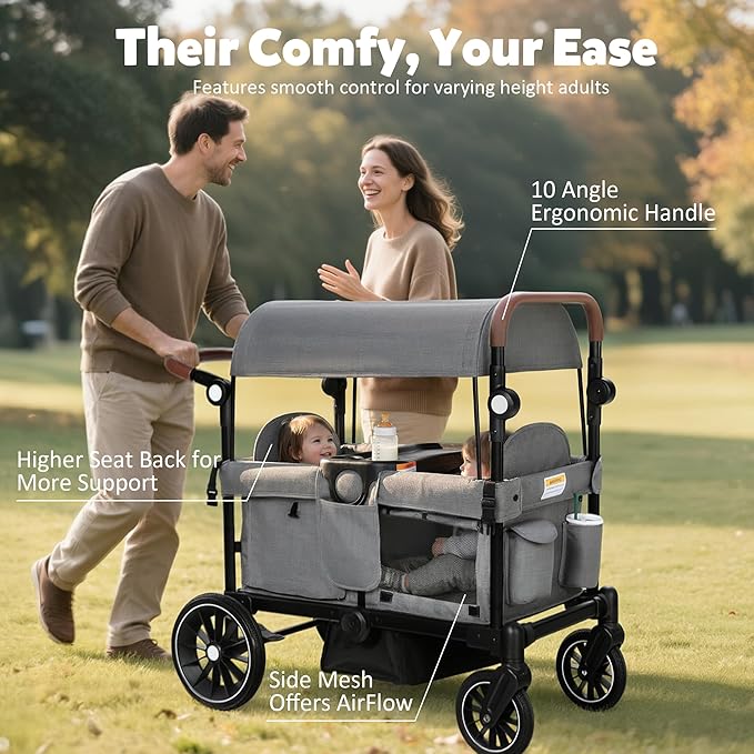 Wagon Stroller for 2 Kids, Foldable Kids Wagon Cart Featuring with Harnesses, Adjustable Double Push Handle, Removable Canopy, Snack Tray, Large Storage Bag, Gray