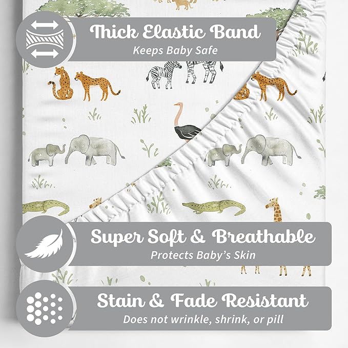 Crib Sheets Neutral - Fitted Baby Crib Sheets Bed for Girl Boy - 2 Pack Standard & Toddler Mattress (Safari Adventure) - Buttery Soft Organic Cotton Blend