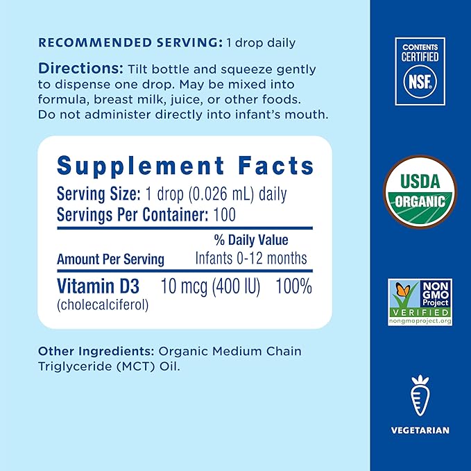 Mommy's Bliss Organic Baby Vitamin D Drops | Infant Vitamin D3 Drops Promote Healthy Growth and Bone Development | Newborn+ | 0.11 Fl Oz (100 Servings) | Pack of 2