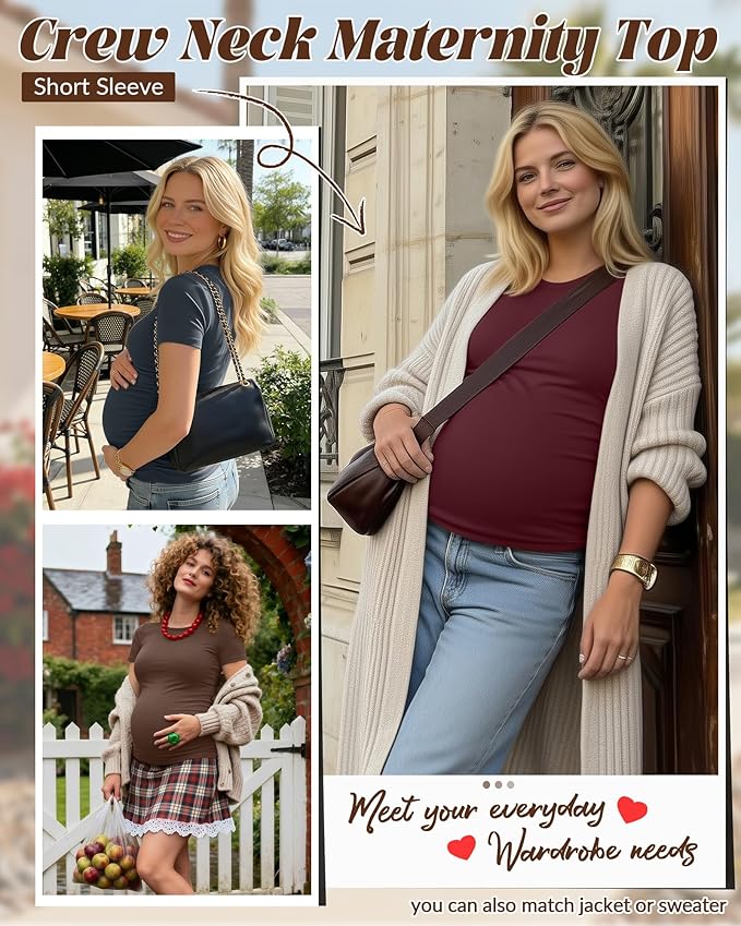 Huukeay 4 Pack Women's Maternity Shirts, Crew Neck Maternity Top Short Sleeve Casual Cotton Tee Side Ruched Pregnancy Clothes