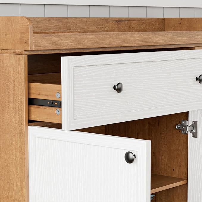 Wide Baby Changing Table Dresser with 2 Doors, 2 Different Size Drawers &Storage Cubbies, Durable Wood Construction, Built-in Shelves of Ample Storage for Nursery (White& Natural Wood)